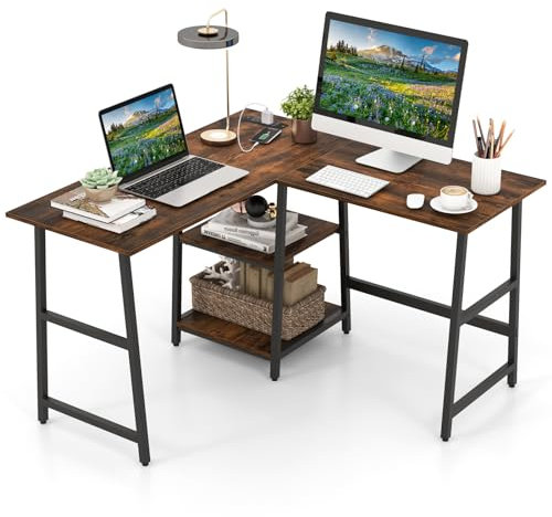 COSTWAY 120cm L-Shaped Computer Desk, Large Desktop 2-Person Corner Writing Workstation PC Laptop Table with Storage Shelves, Home Office Work Study Gaming Desk (Rustic Brown)