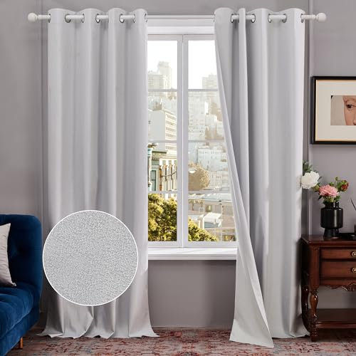Deconovo 100% Blackout Curtains with Coating, Light Weight Eyelet Faux Linen Thermal Door Curtains for Living Room, Silver Grey, 66 x 72 Inch(Width x Length), 2 Panels