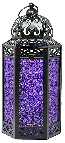 Black Metal Decorative Moroccan Lantern Candle Holders Lamp for Indoor or Outdoor Gothic Home Decor, Large, Purple