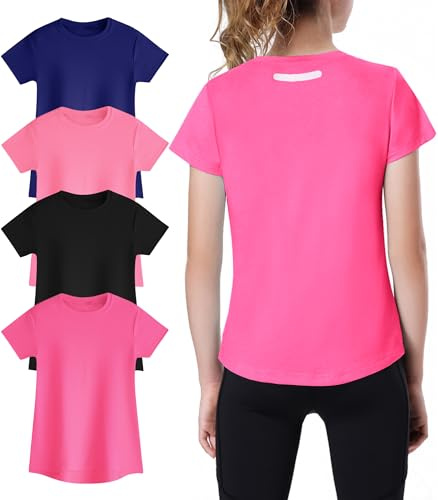 EXARUS Lot de 4 chemises de sport à séchage rapide pour filles - T-shirts à manches courtes - T-shirt d'entraînement actif pour adolescent, Set 3, 12 ans