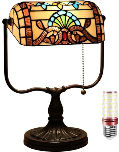 Uziqueif Klassische Bankerlampe, Retro, Tiffany tischlampe, Tischlampe mit zugschalter, Lampenschirm Glas, Tischleuchte Für Büro, Nachttischlampe