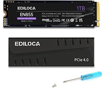 Ediloca EN855 Interne Gaming SSD mit Kühlkörper, 1 TB PCIe Gen4, NVMe M.2 2280, bis zu 7400 MB/s, 3D NAND TLC, Internes Solid State Drive, 1GB DRAM-Cache konfigurieren, kompatibel mit PS5 und PC