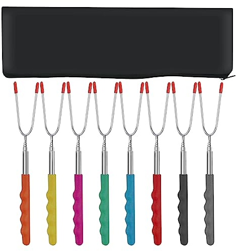 GOEDEKE Barbecue Forks-8 Pack Marshmallow Roasting Sticks Extendable Stainless Steel 27 Inch U Shape Hot Dog Fork Toasting with Handle Grilling Skewers for Fire Pit and BBQ Campfire Party (8 Pack)