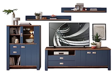 DIJON Wohnwand Komplett-Set in Parisian Blue, Haveleiche Cognac Optik - Moderne Schrankwand mit LED-Beleuchtung für Ihr Wohnzimmer - 307 x 190 x 45 cm (B/H/T)