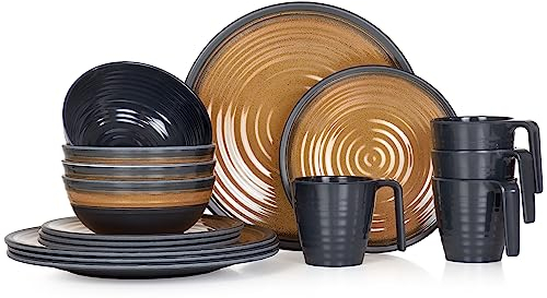 Melamin Camping Geschirr Set 4 Personen Stone Curry + 4 Tassen Stone Kaffetassen Becher Tafelgeschirr Picknick BBQ Kochgeschirr