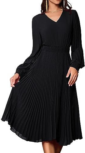 GRACE KARIN Ladies Elegant Long Sleeves Pleated Party Dress V-Neck Chiffon A Line Swing Dresses for Winter Black S