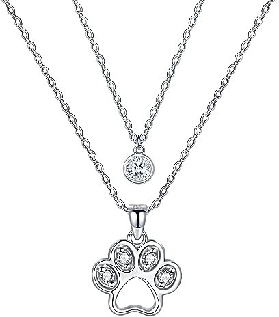 JENDEAR SHINE Hundepfoten Halskette Damen, Doppellagige Halskette aus 925 Sterlingsilber, mit Zirkonia Anhänger, Geburtstagsgeschenk für Damen und Mädchen