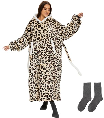 Gogola Oversized Hoodie Decke Damen,Verlängern Decken Hoodie,Extra Dick und Warm Deckenpullover,Blanket Hoodie Geeignet für Männer, Frauen und Teenager (Leopardenmuster)