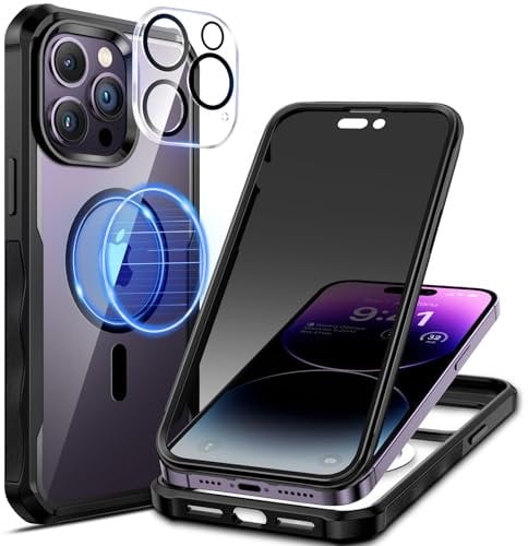 seacosmo Magnetic for iPhone 14 Pro Max Case, Privacy Phone Cover Compatible with Magsafe Built-in Anti Peep Tempered Glass Privacy Screen Protector and Camera Protective Full Body Shockproof -Black