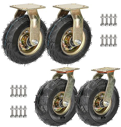 SAGIDAR 4 Stück Schwerlastrollen Lenkrolle Luftrad, Luftreifen Gummiräder, Möbel Industrierollen Mit Bremse, Ø 8Zoll/10Zoll, 360 Grad Drehbar, Doppelte Lagerausführung, Für Alle Böden Oder Teppiche