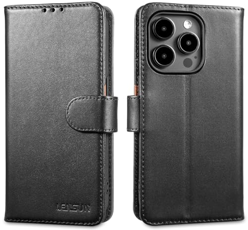 LENSUN Echtleder Hülle für iPhone 15 Pro, Handyhülle [Echtes Leder][Magnetverschluss][RFID Schutz] Handytasche Lederhülle Kompatibel mit iPhone 15 Pro 5G - Schwarz