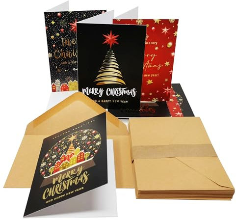 Bear and Bee 24 x goldene Weihnachtskarten. Dicke Karte mit speziellem Gold-Finish und Umschlägen aus recyceltem Kraftpapier