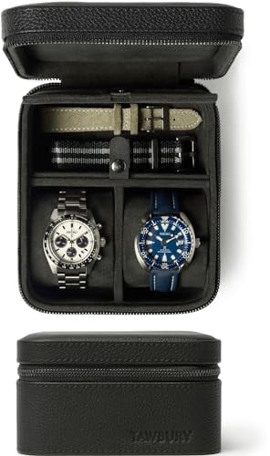 TAWBURY Leder-Uhrenetui für Reisen mit Aufbewahrungsfach - Uhrenbox zum Reisen Leder | Uhrenbox Leder Schwarz | Uhrenkasten Leder | Uhr Box 2 Uhren | Watch Case Travel