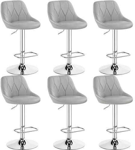 Yaheetech Lot de 6 Tabourets de Bar en Similicuir Hauteur Réglable de 86 cm à 107,5 cm Chaises de Bar Assise Pivotante Repose-Pied Carré Tabourets Hauts Cadre Métallique Galvanisé Gris Clair