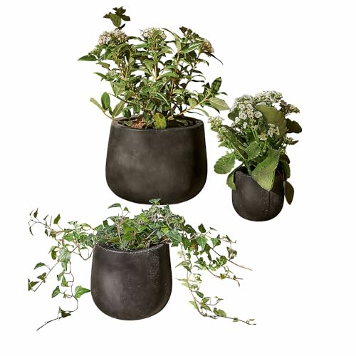 Loberon Übertopf 3er Set Sunvale, DREI Größen, Trendige Beton-Optik, handgefertigt, Gartenzubehör, Outdoor, Pflanzgefäß, Zement, Sand, Stein, Kokosfasern, schwarz