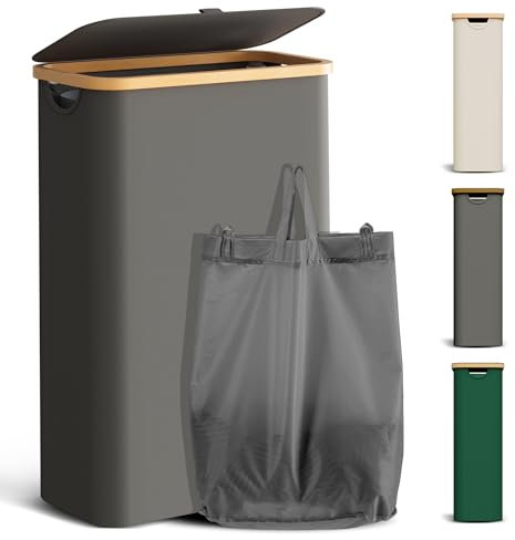 YOUDENOVA Laundry Basket with Lid 48-Litre Large Washing Baskets for Laundry with Laundry Bag Collapsible Laundry Baskets with Handles Laundry Hamper Bamboo Laundry Bin for Bedroom, Dark grey