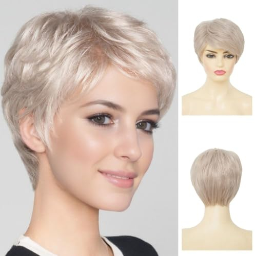 Siudus Damen Kurze Weiße Blonde Pixie Cut Perücke Gerade Seitenteil Schichtes Haar Perücke Shaggy Synthetische Faser Alte Dame Perücken für den täglichen Gebrauch