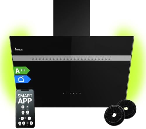 Dunstabzugshaube 80 cm | Kopffreie Wandhaube | Edelstahl | schwarzes Glas | WiFi Smart App | Nachlaufautomatik | RGBW-LED-Beleuchtung | SensorTouch Bedienung | ALPINA809HC