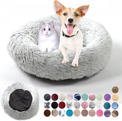 Ryanbem Hundebett Rund Plüsch Hundekissen Weich Warm Hundebetten Anti-Angst, Hundehütte Flauschig Kissen Hundebett Waschbar für Kleine, Mittelgroße, Große Hunde Farbverlauf Grau 40cm