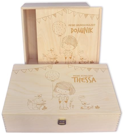 Feenstaub Holzbox mit Deckel, personalisierte Erinnerungskiste Schulzeit, Geschenkbox Einschulung, Erinnerungsbox mit Gravur, Holzkiste, Geschenk zum Schulanfang, Box Schulkind