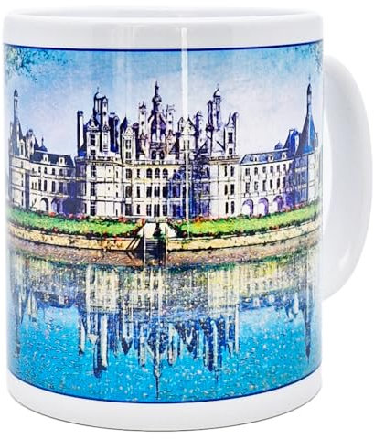 DESSAPT Arts - Château de CHAMBORD - Mug en Céramique 325 ml - Tasse-Cadeau Unique avec les Magnifiques Vues du Château - Imprimé en France - Cadre Classique Bleu