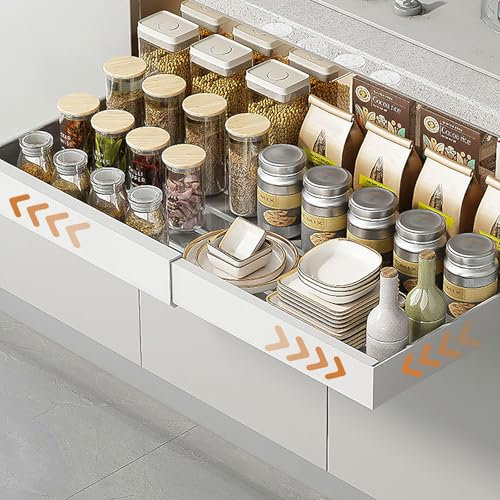ASelected Pull Out Cabinet Organiser,42 to 68 CM Extendable Kitchen Storage Drawer Shelf with Adhesive Film,Slide out Cabinet Organizer Drawer Storage for Kitchen,Living Room,Home,White