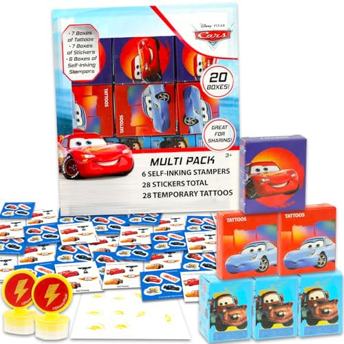 Disney Cars Party Favors for 20 Guests Bundle ~ 20 Pieces Lightning McQueen Favor Boxes with Stickers, Tattoos and Stampers for Kids Birthday Party | Cars Party Supplies and Decorations Combo Pack