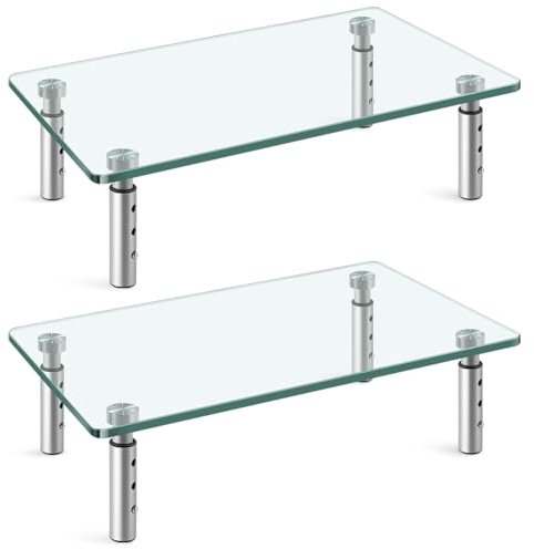 WKWKER Supporto da scrivania in vetro trasparente, confezione da 2 pezzi, con altezza regolabile, supporto per monitor multimediale da tavolo piatto per computer portatile TV