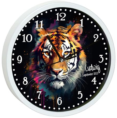 CreaDesign, Wanduhr Kinder personalisiert mit Name, Motiv Wanduhr mit schwarzen Rahmen Tiger, Rahmen Wanduhr schwarz, Ø 19,5 cm
