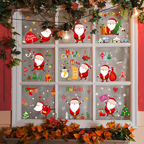 WandSticker4U®- [9 hojas] Pegatinas navidad ventana niños PAPÁ NOEL & ALCE I Adhesivos de ventana navidad reutilizables grandes I Decoración vinilos navideñas niños copos de nieve regalos invierno