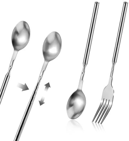 2 Pcs Extendable Fork Spoon, 8.7 to 25.5 Inch Adjustable Telescopic Fork, Retractable Long Spoon Stainless Steel Extended Fork Dinner Extending Fork for Fruit Dessert BBQ