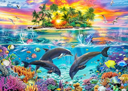 Puzzles 1000 Pieces for Adults Jigsaw Puzzles for adults 1000 Piece Puzzle Educational Games -Colorful Seascape Dolphins- Beautiful Decoration