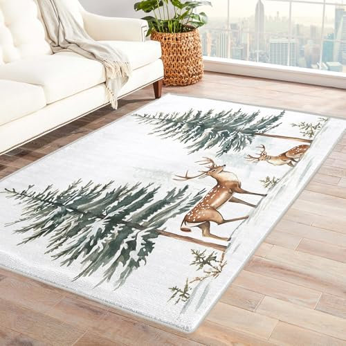 Teppich Kinderzimmer REH - Teppich Wohnzimmer Schlafzimmer Mädchen REH, Großer Teppich Babyzimmer Waldtiere, Weich Kurzflor & Waschbar & rutschfest Kinderteppich, Bettvorleger 140x200 cm