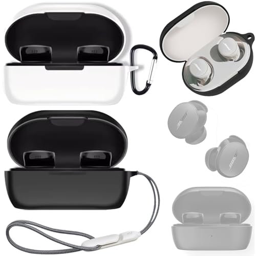 Honbobo Case Cover Hülle für Bose QuietComfort Earbuds, Etui Schutzhülle + Umhängeband, Silikon Hülle Schutz Zubehör für Bose QuietComfort Kopfhörer, 2 PCS (Schwarz+Weiß)