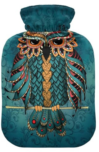 Hot Water Bottle with Cover, Boho Owl 1L Leakproof Hot Water Bag for Hand Feet Warmer, Neck, Shoulder, Back, Muscle Pain Relief, Cold Compress