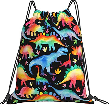 Richugui Retro 80er Jahre Kordelzug Rucksack Dinosaurier Kordelzug Taschen Sport Turnbeutel für Damen Herren Rucksäcke Schwimmtasche für Strand, Schwarz, One size
