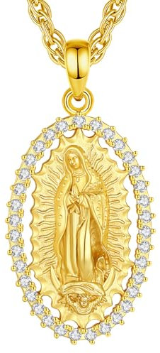 EUDORA Harmony Ball Gold Kette Heilige Maria Jungfrau von Guadalupe Medaille Sterling Silber S925 Jungfrau Maria Halskette Our Lady of Guadalupe Anhänger Schmuck, Geschenk für Frauen Herren, 22