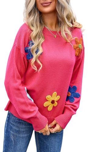 HEYPORK Damen Herbst Winter Warm Bequem Pullover Casual Mode Strickpullover Frauen Blume Lose Rundhals Pullover(Rosenrot, XL)