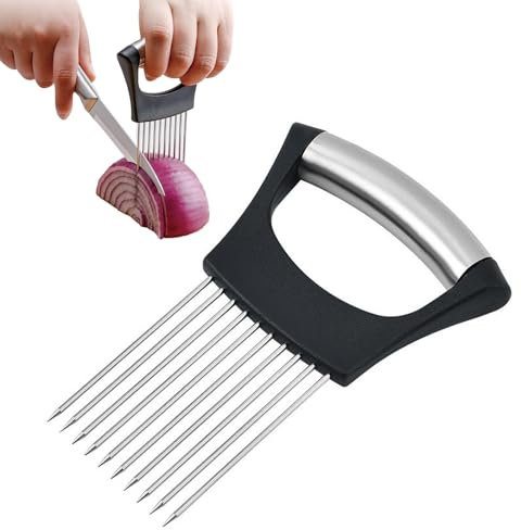 Support à oignons en acier inoxydable avec dents - Coupe-oignons manuel - Attendrisseur de viande - Accessoire de cuisine - Coupe-légumes - Aide à la découpe de l'oignon, du citron, des pommes de