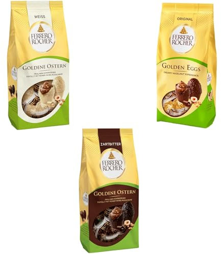 Huevos Ferrero Rocher - Golden Eggs - 3 Sabores: Original - Chocolate Blanco - Chocolate Negro. 3 Paquetes x 90 gr.