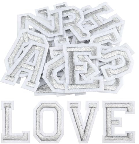 Morcheiong 78 Pcs Iron on Letter Patches A-Z, 2 Inch Iron on Embroidered Alphabet Patch for Clothing, Pants, Hats, Bags- Silver