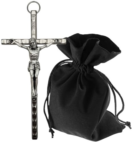 Lunexus Croce da parete in metallo, 11 cm, argento - croce in metallo con incisione INRI - Crocifisso cattolico per parete e porta - croce cristiana per camera da letto, altare di casa, soggiorno, con