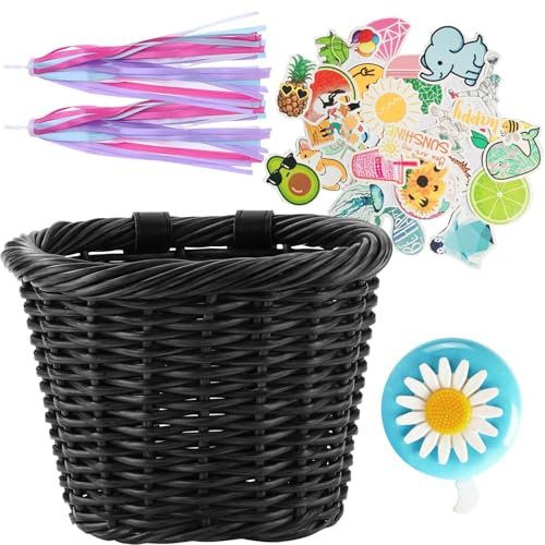 Weidenkorb für Fahrrad,Wasserdichter Fahrradkorb vorne -Fahrradkorb-Zubehör für Kinder mit Luftschlangen, Glockenaufkleber für Snacks, Puppen, Geburtstag