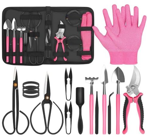 Dynaeuty Ensemble d'Outils de Jardinage, 16 Pièces en Acier Inoxydable à Usage avec Poignée en Bois Antidérapante, Cadeaux de Jardinage Idéaux pour Femmes Hommes, Rose