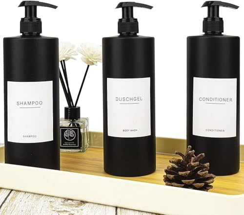 Esdallina 3 Stück 500ml Matte Schwarz Kunststoff Seifenspender Pumpspender für Flüssigseife mit 22 Aufkleber