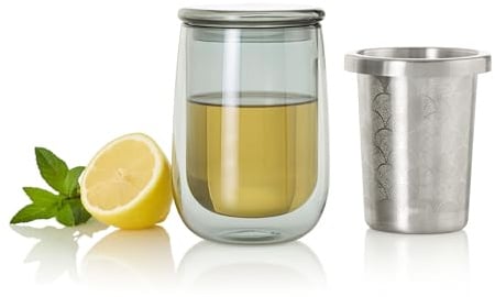 AdHoc Teeglas mit Teesieb/Filter, Teesieb für lose Blätter mit Tasse/Becher, 400 ml, doppelwandiges, hitzebeständiges Borosilikatglas, Deckel inklusive, spülmaschinenfest