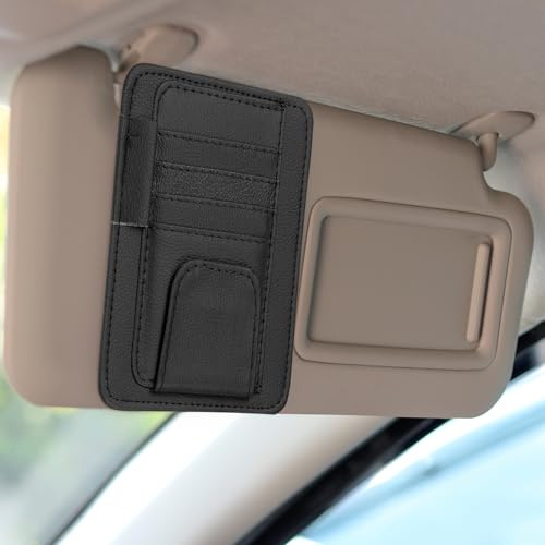 sourcing map Car Sun Visor Organizer 6.02 x 4.76 Leather Multi-Pocket Visor Card Sleeve Pocket Car Truck SUV Interior Storage Pouch for Driving License Credit Cards Bills Sunglasses, Black