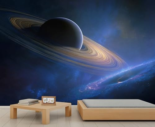 Saturn Planet Wall Mural Blue Nebula Mural Galaxy Planet Wallpaper Golden Rings Galaxy Scene Photo Wallpaper for Living Room Bedroom 350 x 256 cm