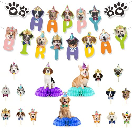 Hund Geburtstag Deko, Hundegesicht Cupcake Deko, Hunde Geburtstagsbanner, Hund Bienenwaben Mittelstück, Geeignet Für Die Dekoration Von Haustier-Geburtstagsparty-Zubehör