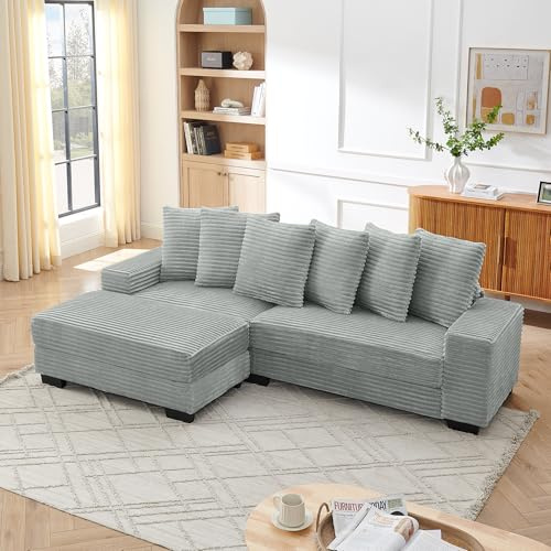 EMKK Ecksofa mit Schlaffunktion, Modulares L Sofa mit 6 Kissen, Wohnlandschaft für Wohnzimmer, Schlafsofa aus Corduroy, Kombinierbares, für Apartments/Büros, 256.5 x 133.5 x 89 cm (Grau)